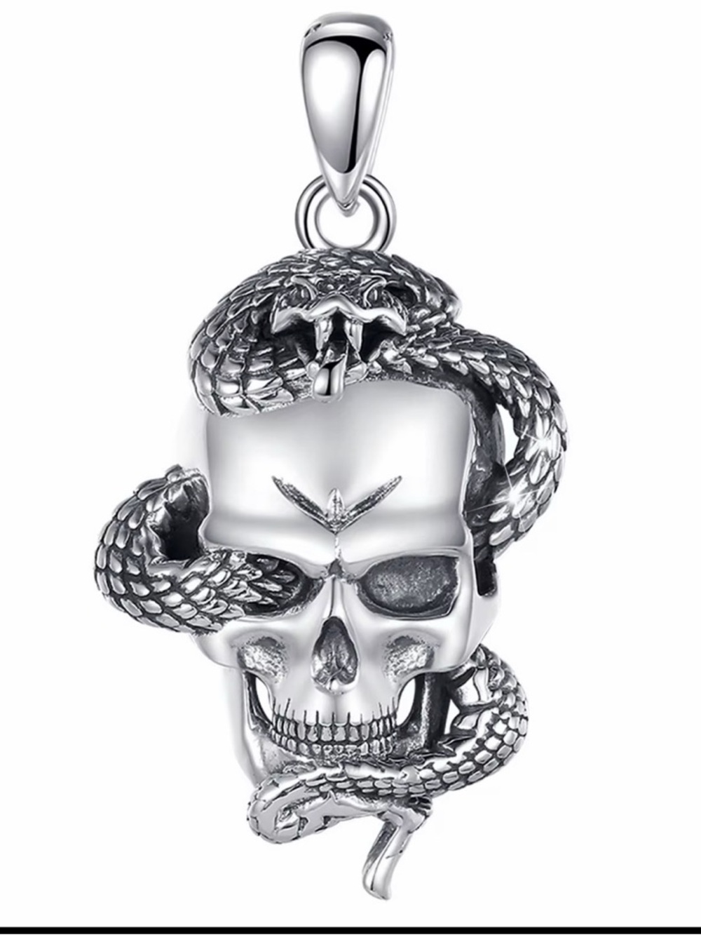 Sterling Silver 925 solid Skull Pendant with Coiled Snake - Silver